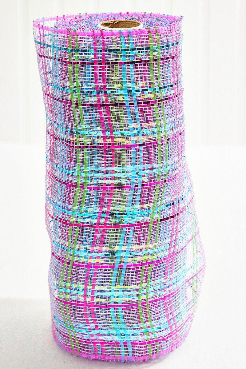 10&#x22; Vertical Foil Plaid Mesh Ribbon: Lavender/Pink/Turquoise/Lime