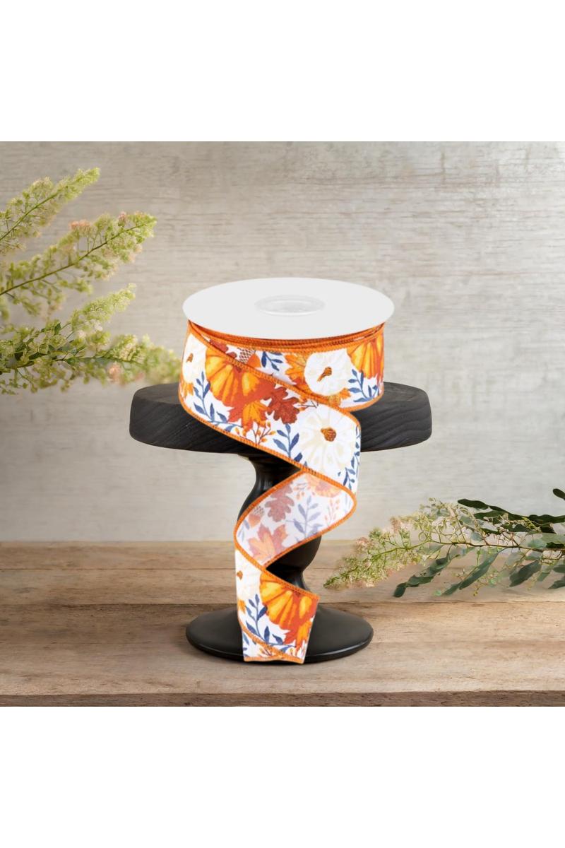 1.5&#x22; Pumpkin Foliage Ribbon: White/Navy (10 Yards)