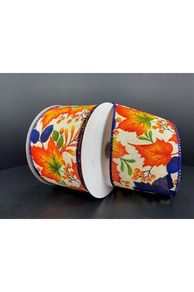 2.5&#x22; Linen Fall Leaves Ribbon: Navy/Ivory (10 Yards)