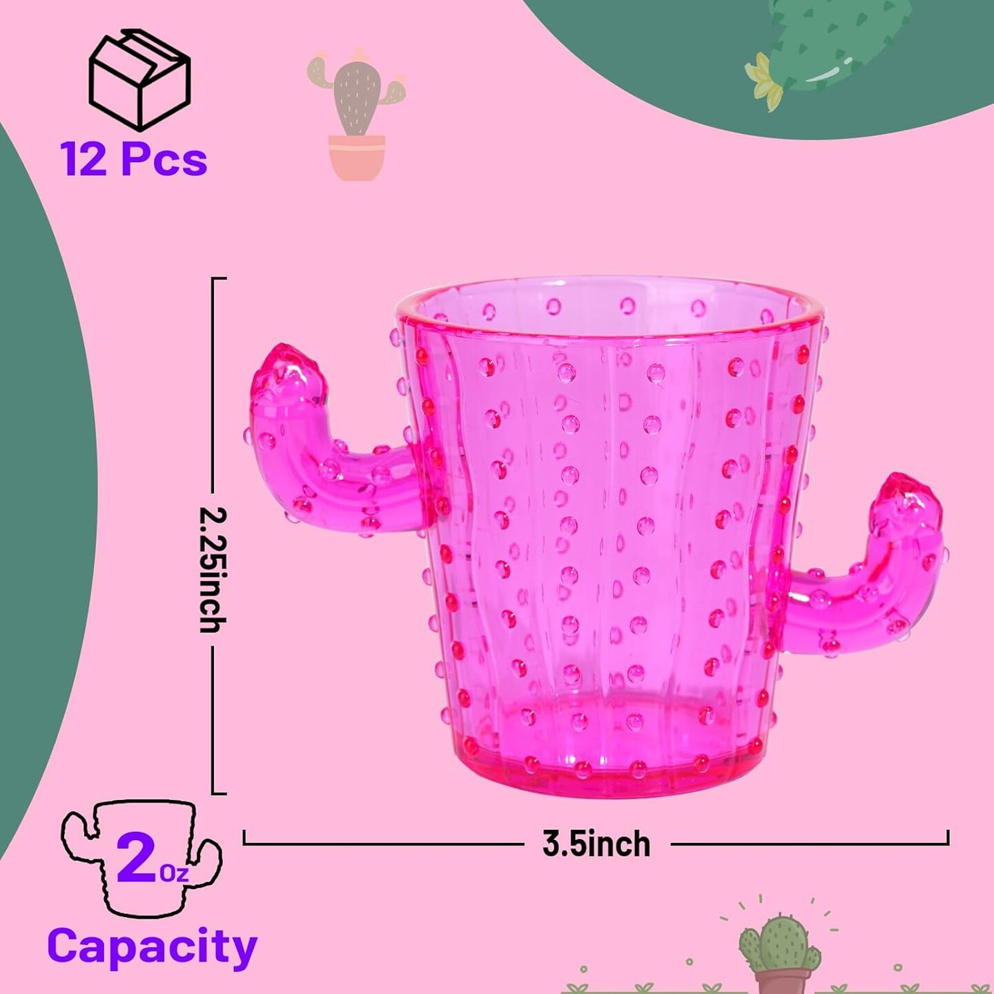 Plastic Cactus Shot Glasses(Set of 12), 2 Oz Pink Cute Cactus Tequila Glasses for Western, Bachelorette, Cinco de Mayo, Tequila, Fiesta Themed Party Supplies