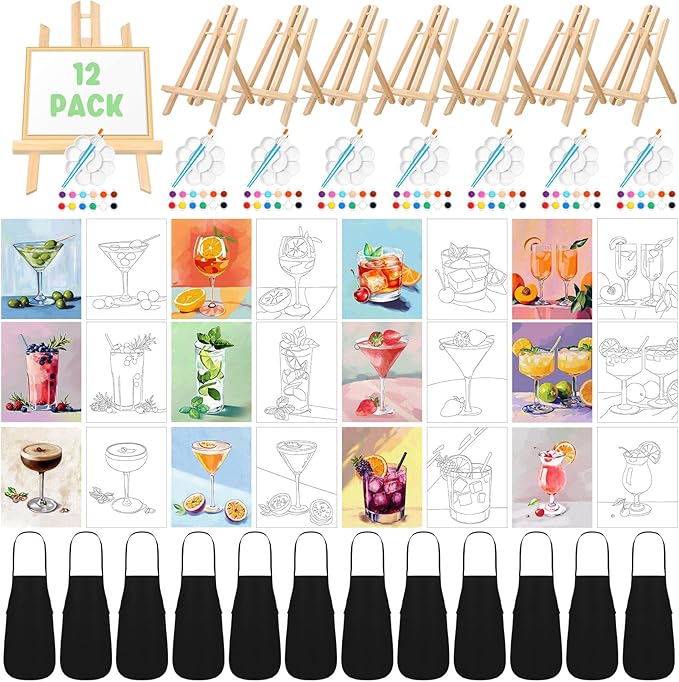 12-Set Cocktail Sip and Paint Kit for Adults - 8x10" Pre-Drawn Canvas Painting Party Kit - Includes Wooden Easels, Acrylic Paints, Brushes & Aprons - DIY Bar Art Craft Set