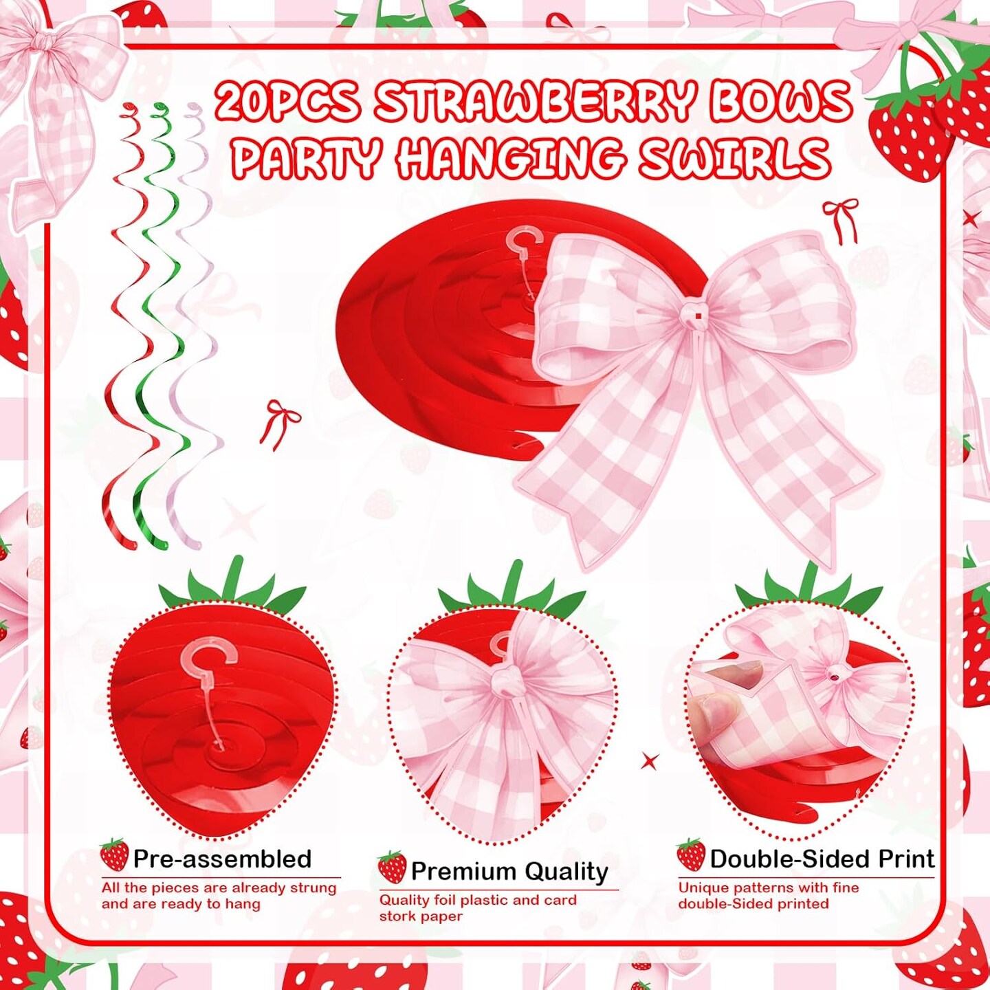 20-Piece Strawberry Bow Hanging Swirl Decorations | Berry Sweet Foil Ceiling Danglers for Summer Fruit Theme 1st Birthday, Baby Shower & Bridal Party
