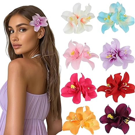 8 Pack Hawaiian Flower Hair Clips - Artificial Phalaenopsis Orchid