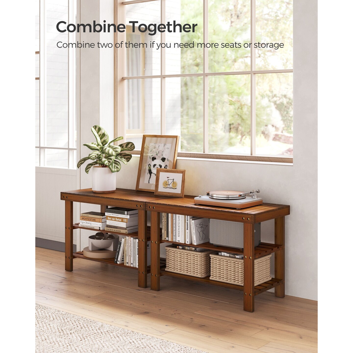 Shoe Storage Bench Wicker Entryway Bench with 2 Shelves Shoe Rack Seat