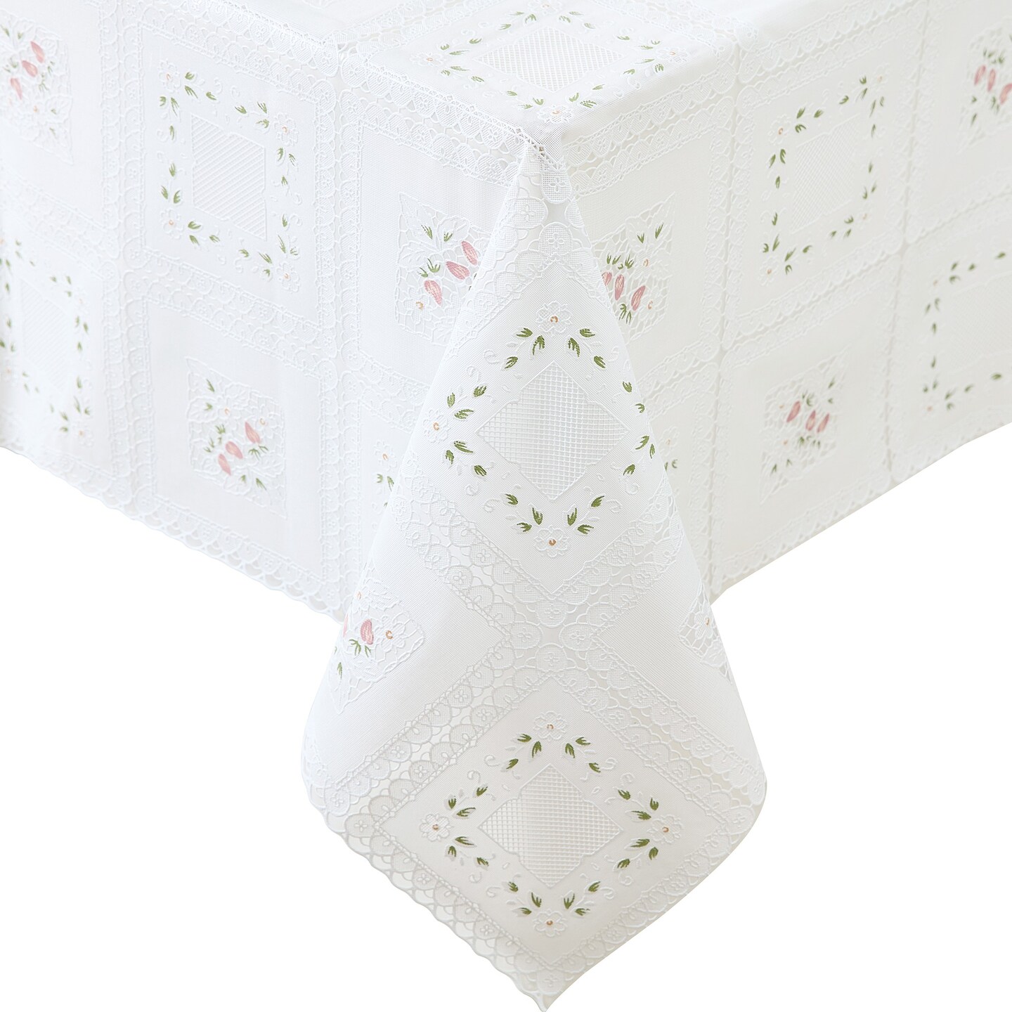 Threadmade Home Floral Lace-Inspired 3-Yard Cut-to-fit Vinyl Tablecloth/Table Protector, White - 54"W x 108"L