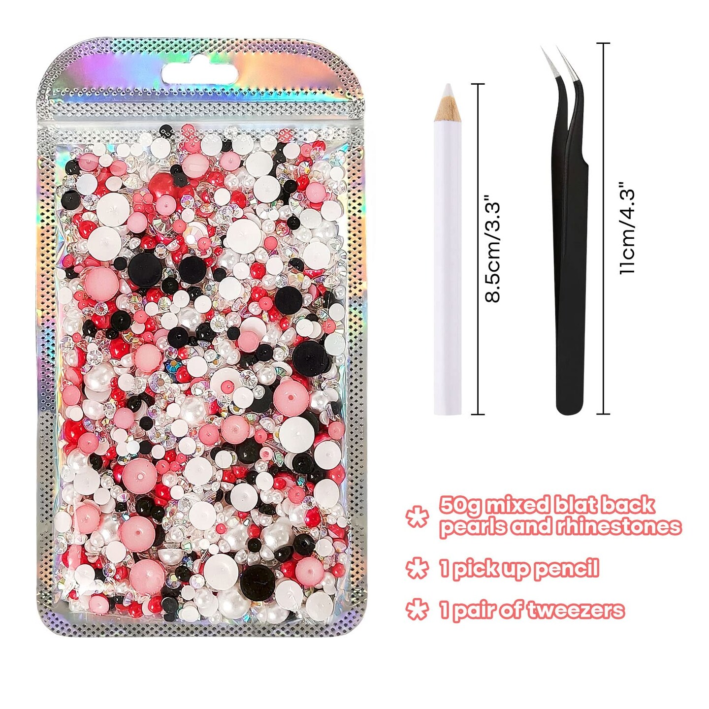 50g Mix Flatback Rhinestones Half Pearls for Crafts Mixed Size 3mm-10mm Flat Back Rhinestones for Crafts Flatback Pearls for DIY Tumblers Mugs Nail Art Shoes Clothes (Red Black Series)
