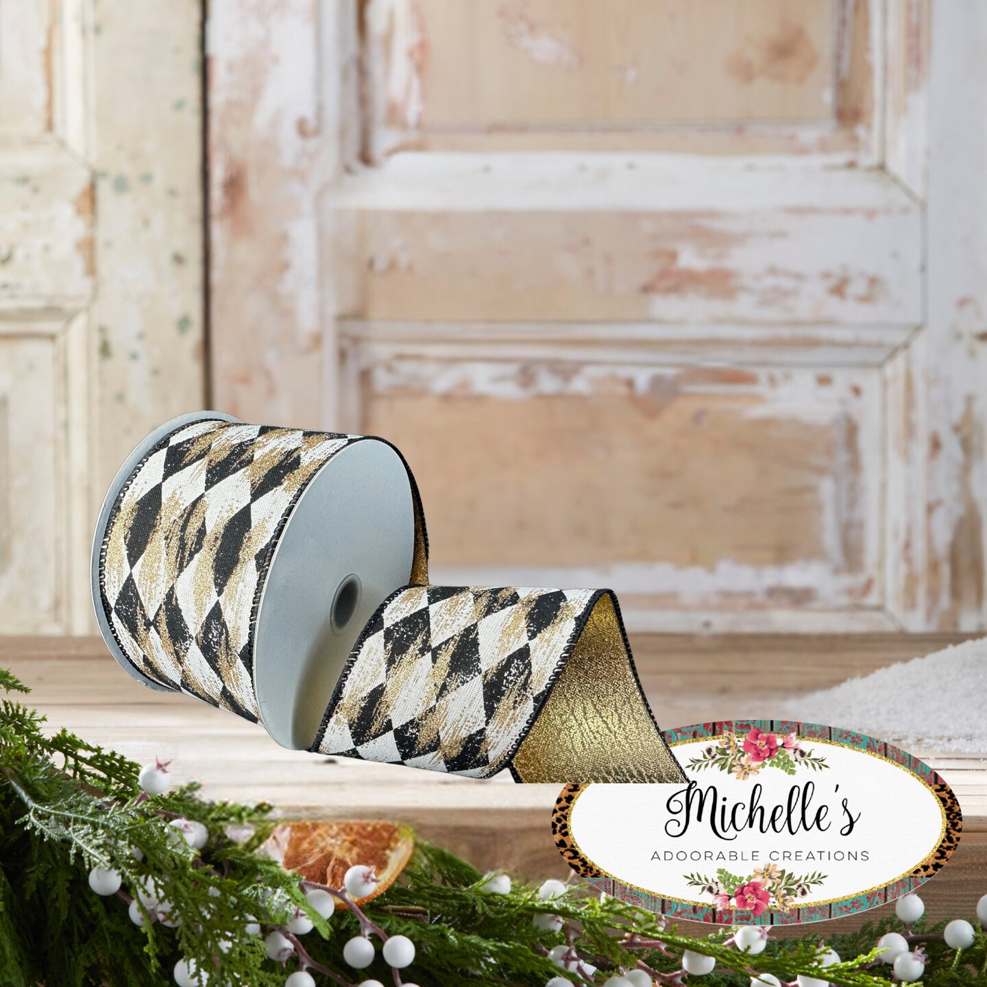 2.5&#x22; Antique Harlequin Ribbon: Black (10 Yards)