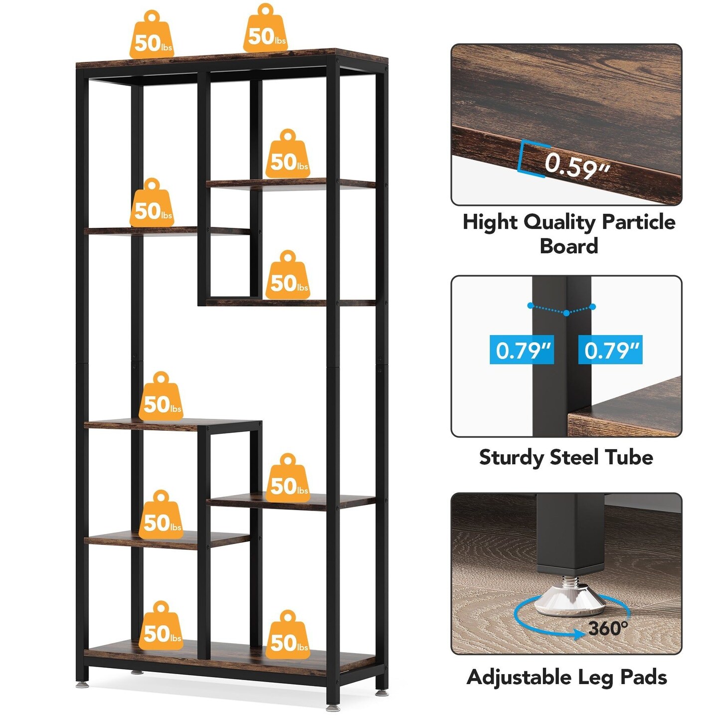 Industrial 8 Tier Bookshelf Rustic Brown Black Wood Metal Bookcase Storage Display Shelf Freestanding Organizer