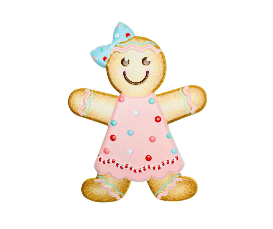 13&#x22; Embossed Metal Christmas Sign - Delightful Gingerbread Girl in Pink, Brown, Mint, Red &#x26; White-MD0742
