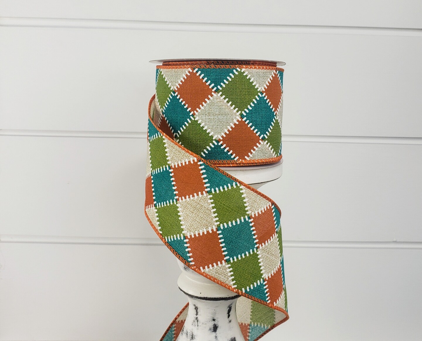 2.5&#x22;x10YD Fall Stitch Check Wired Ribbon - Teal/Moss/Orange/Natural - Rustic Charm for Autumn Crafts and Decor-(61101-40-33)