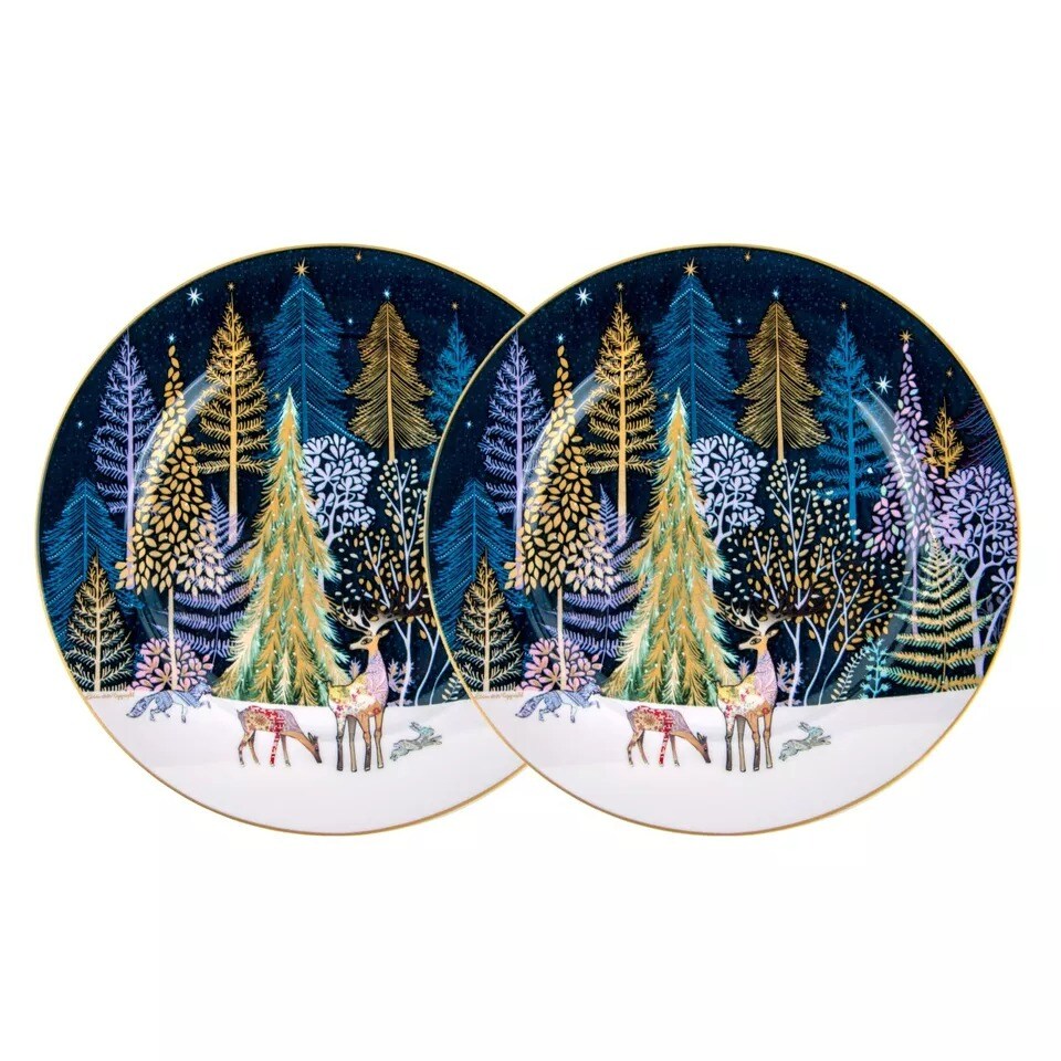 Winter Forest Dessert Plate Set of 2 Bone China Christmas Plates 7.5"