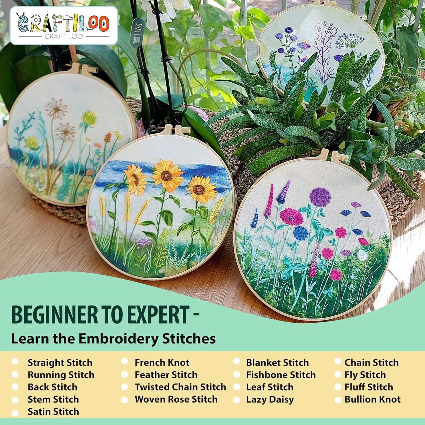 CRAFTILOO 4 Pack Embroidery Kit for Beginners Stamped Cross Stitch Kits for Beginners Needlepoint Kits for Adults Sunflower Cross Stitch Embroidery Kits Needlework Kit DIY Crafts for Woman