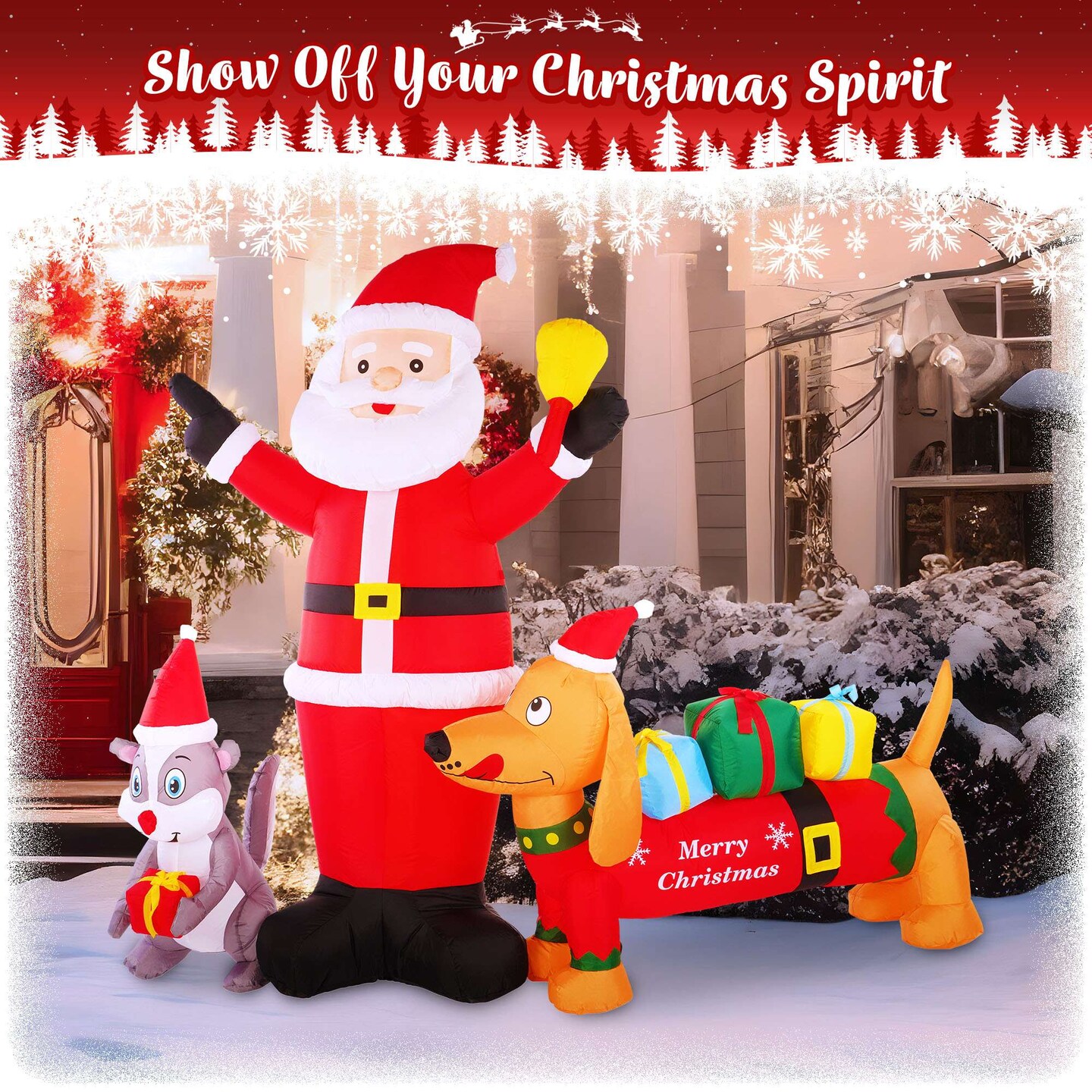 G128 6.5 ft Santa Claus with Dog and Raccoon Christmas Inflatable Decor with LED Lights, Christmas Outdoor Holiday Yard Decoration, Fast Inflate, Weather-Resistant, Outdoor Use