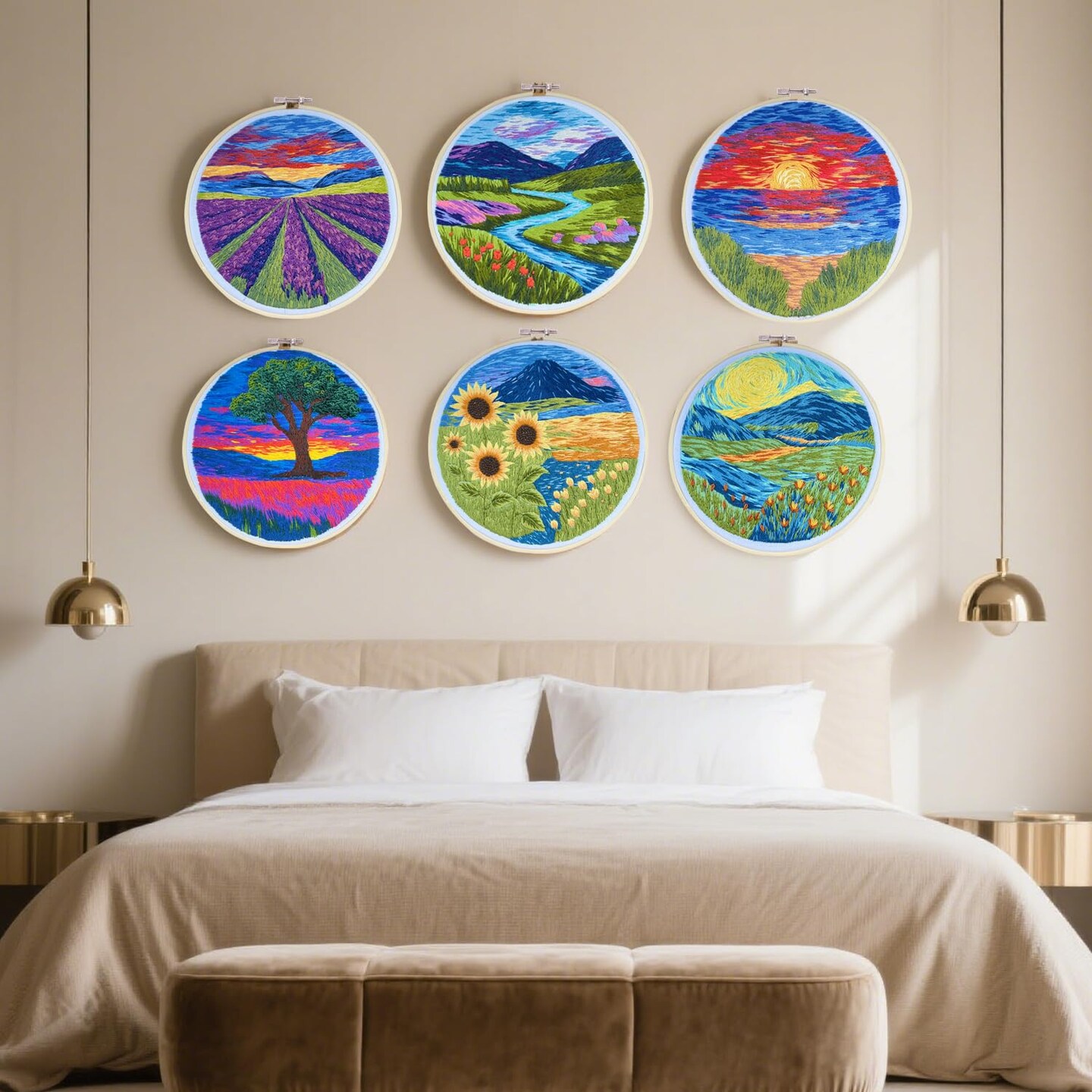 Maydear 6 Pack Embroidery Starter Kit with Pattern, Stamped Cross Stitch Kits for Beginners Adults with Embroidery Hoop and Instructions, Hand Embroidery Kit (Landscape six Sets)