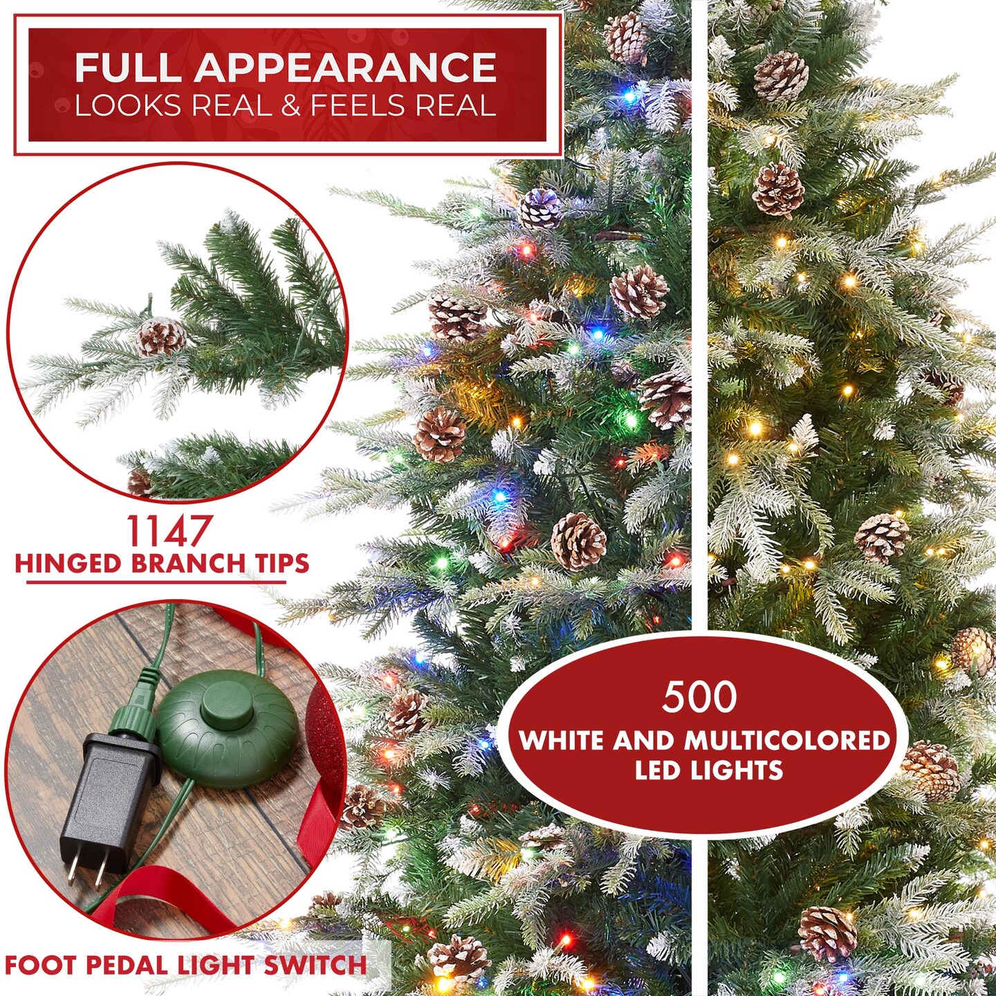 Casafield Pre-Lit Slim Aspen Fir Christmas Tree with White &#x26; Multicolored LED Lights, Realistic Artificial Noble Fir with Metal Stand