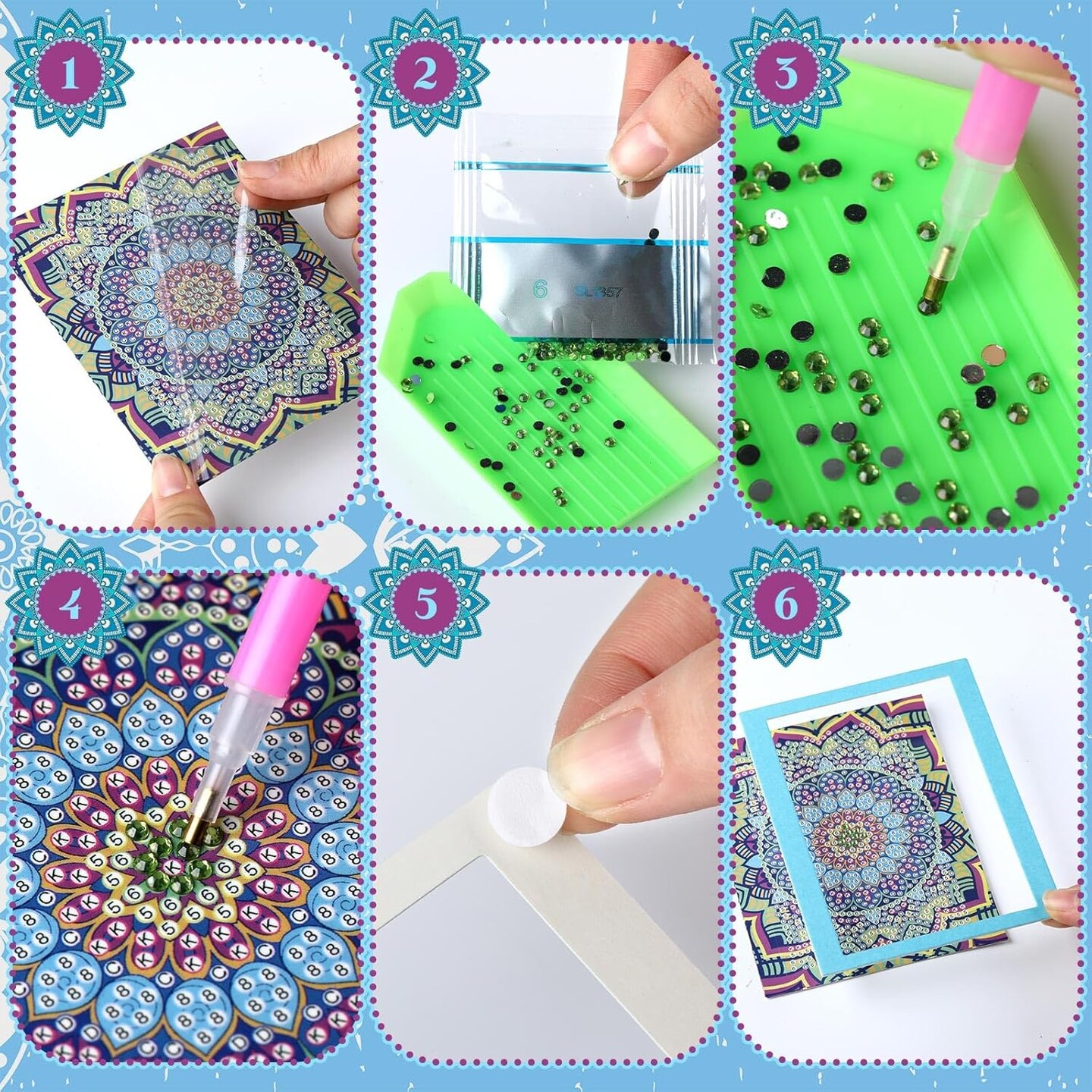 24-Piece Mini Diamond Painting Kit Set for Beginners – 12 Mandala Designs with Borders – Quick 1-Hour DIY Art for Home Décor, Desktop, 5.12x3.94 Inches