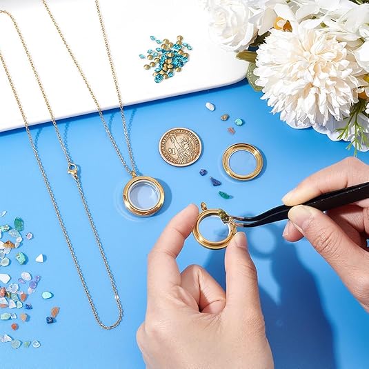 Stainless Steel Memory Locket Charm Flat Round DIY Picture Photo Necklace Making Kit Chain Necklace with Crystal Double Sided Frame Glass Container Floating Charms for Lockets