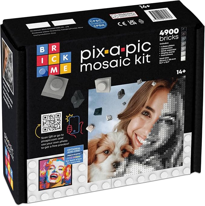 Pix-a-Pic Mosaic Kit, 4900 Bricks (15.1″ × 15.1″) | DIY Pixel Photo Mosaic with Shades of Gray, Black & White | Includes 4 Baseplates, Connector & Brick Separator