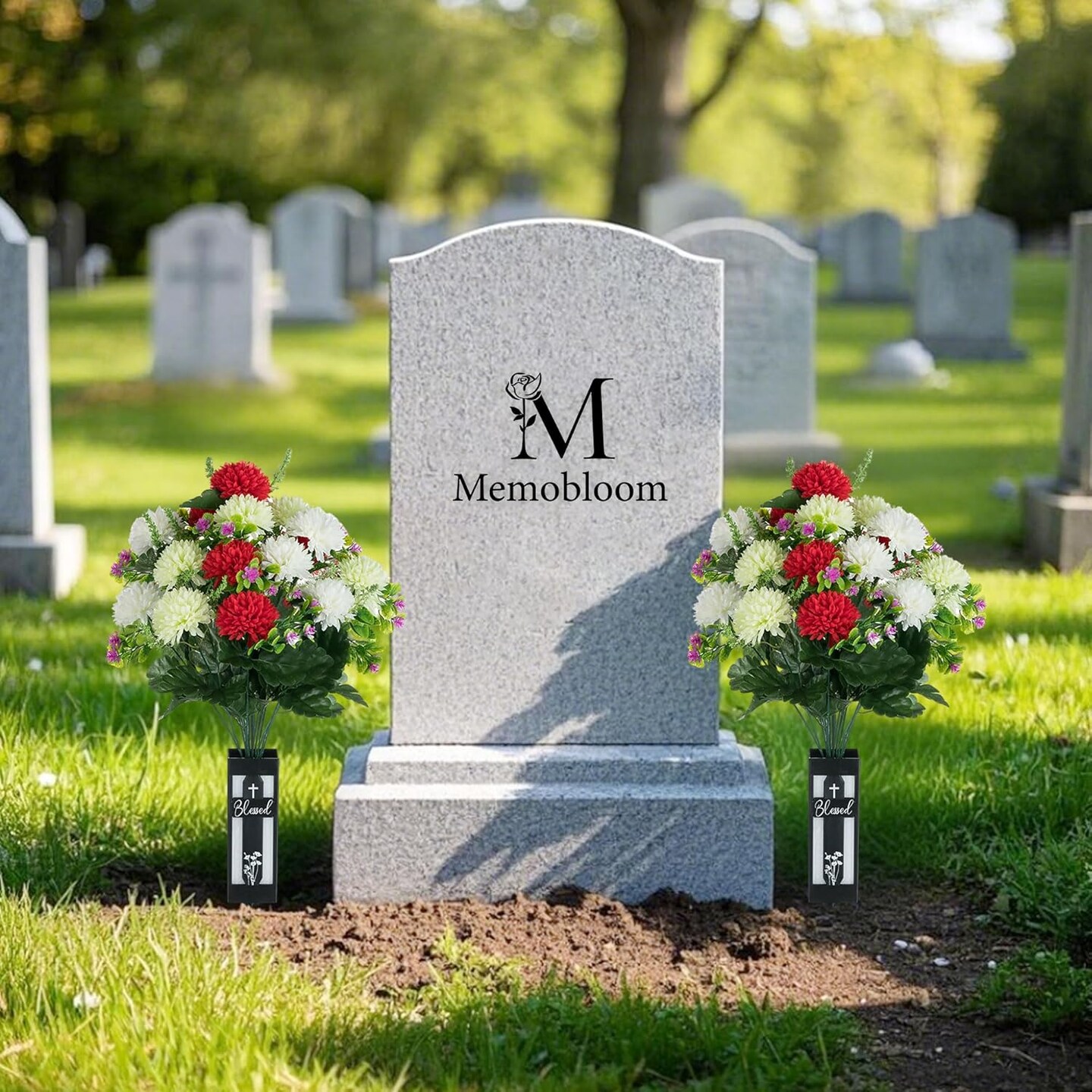 Artificial Cemetery Flowers for Grave – 2 Pcs, 18-Head Fake Mums with Vases, Spring Memorial Decorations for Outdoor Graves