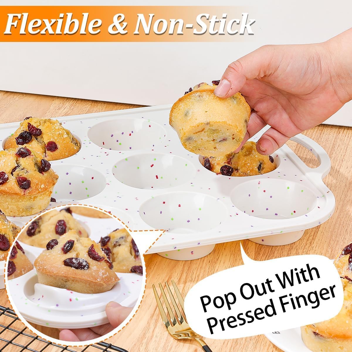 Silicone Muffin Pan, Metal Reinforced Frame Regular Size 2.8 Inch Cupcake Pan with Handle 12 Cups Nonstick Muffin Tray for Baking BPA Free 1 Pack Confetti