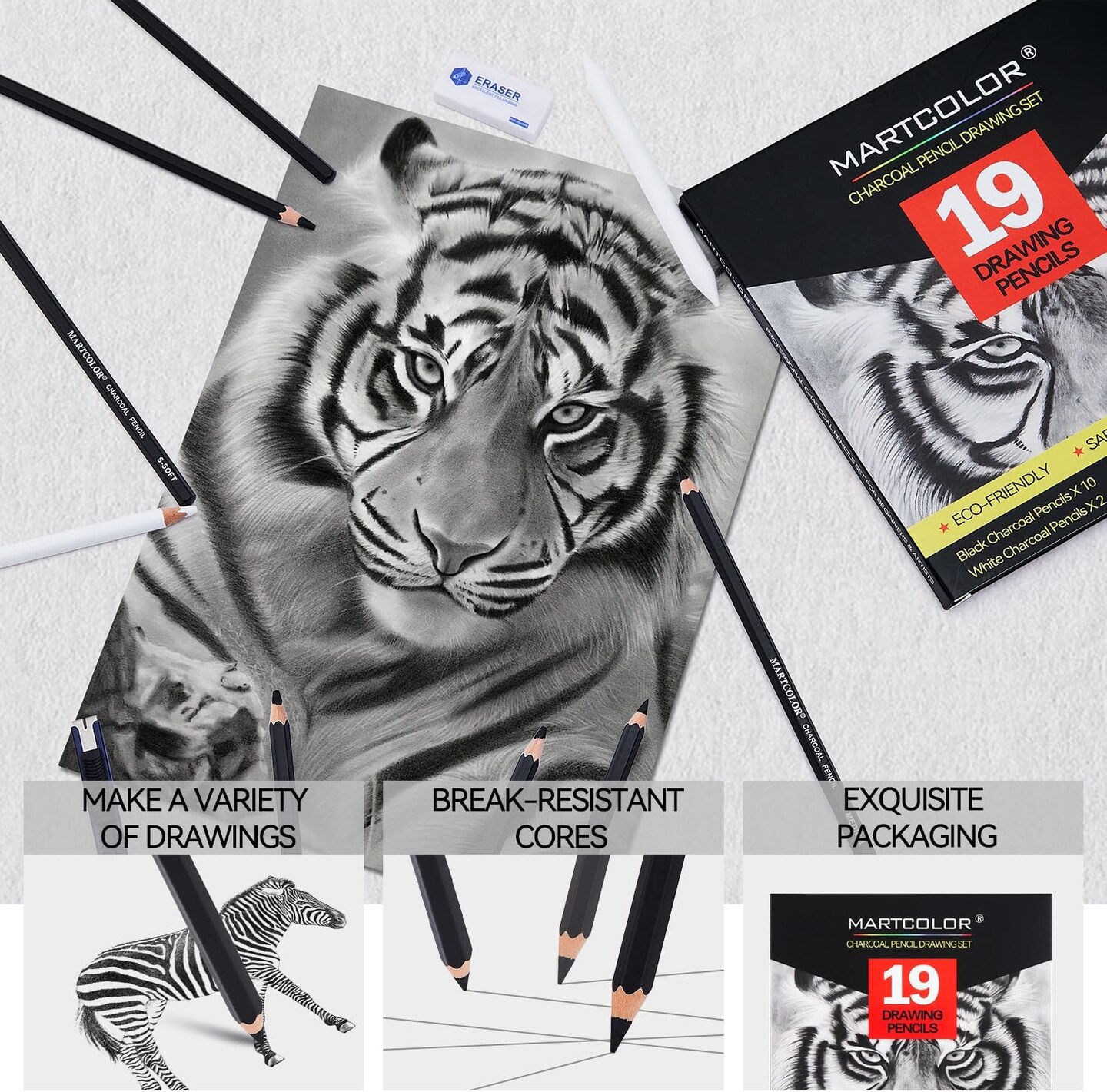 Charcoal Drawing Set, 19 Pieces, Black &#x26; White Charcoal Pencils for Drawing