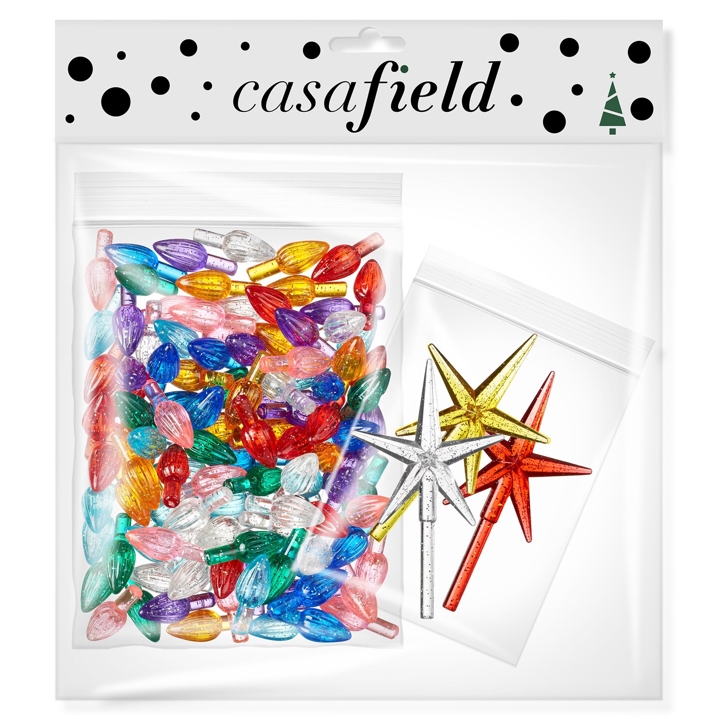Casafield Ceramic Christmas Tree Replacement Lights - 108 Multi-color with Glitter Bulbs and 3 Star Toppers