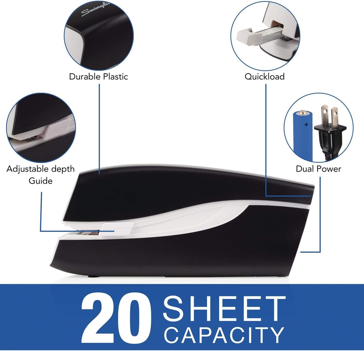 Electric Stapler, 20 Sheet Capacity, Portable, Full Strip, Plug In or Battery, Black (48200)