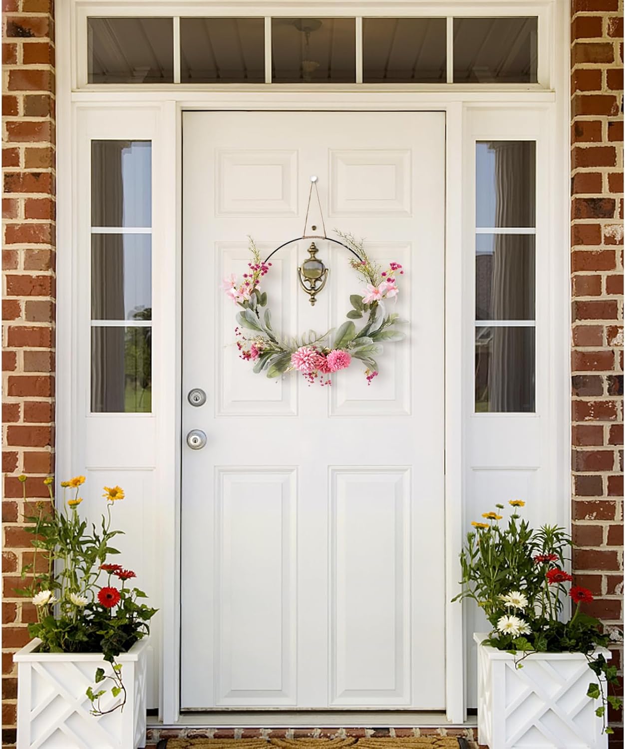 Floral Hoop Wreath Decor with Purple Spring Flowers Green Leaves