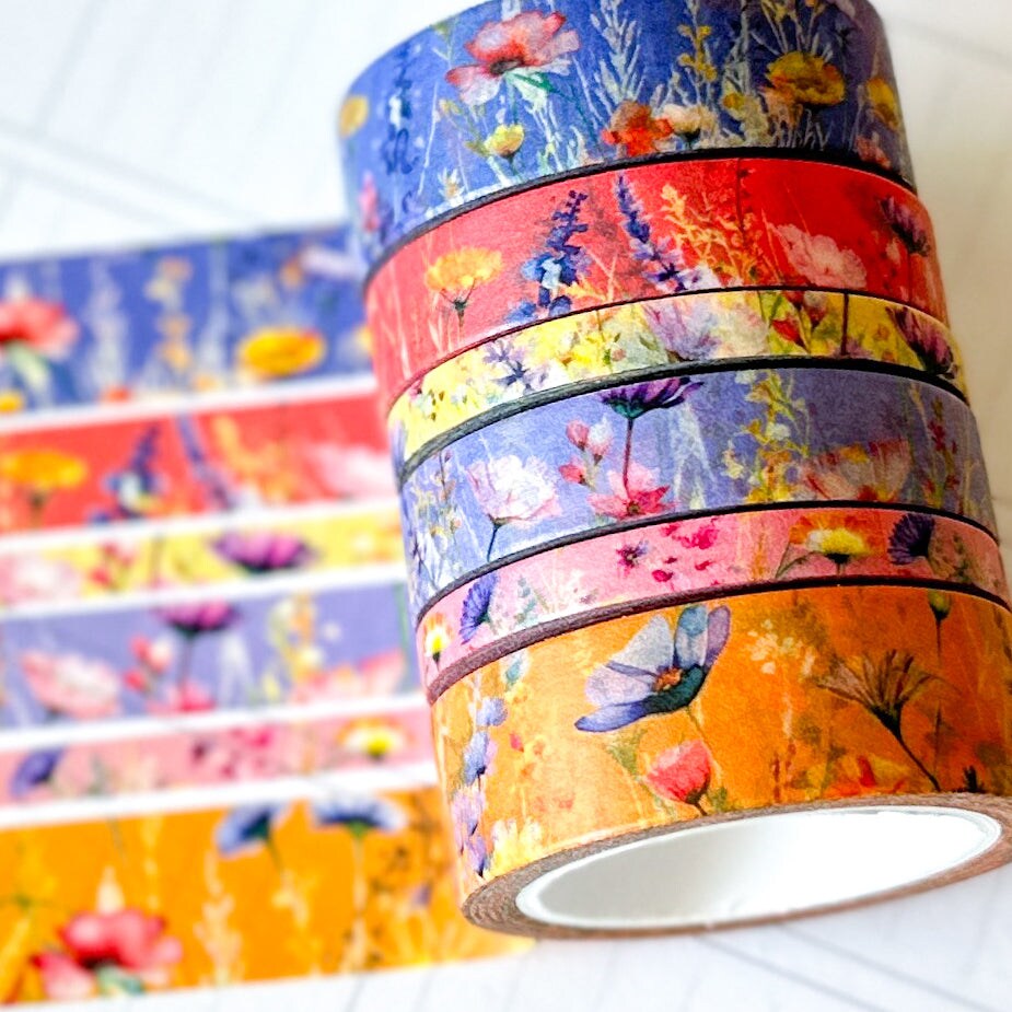 Summer Wildflowers Purple Coral Pink Yellow Periwinkle Washi Tape Set June 2025 - W134