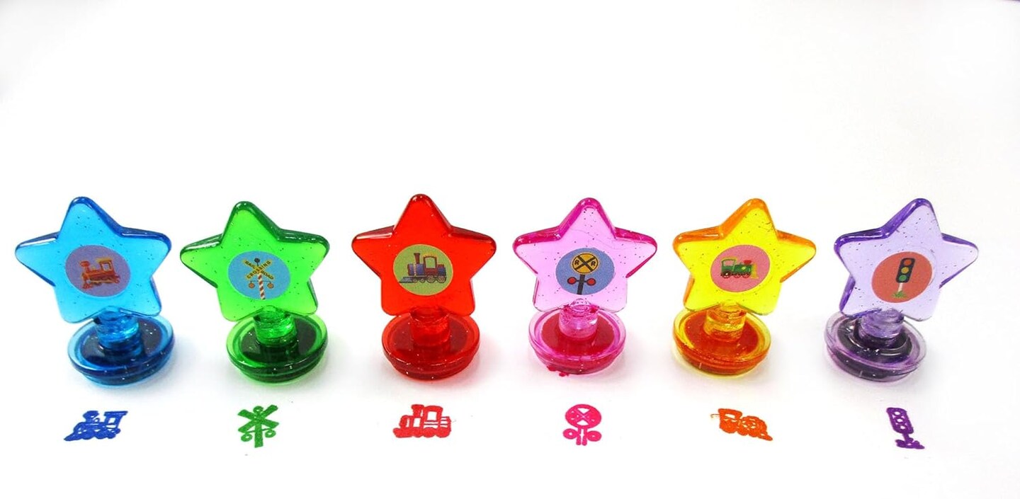 TINYMILLS 24 Pcs Train 2 in 1 Stacking Crayons with Stamp Topper