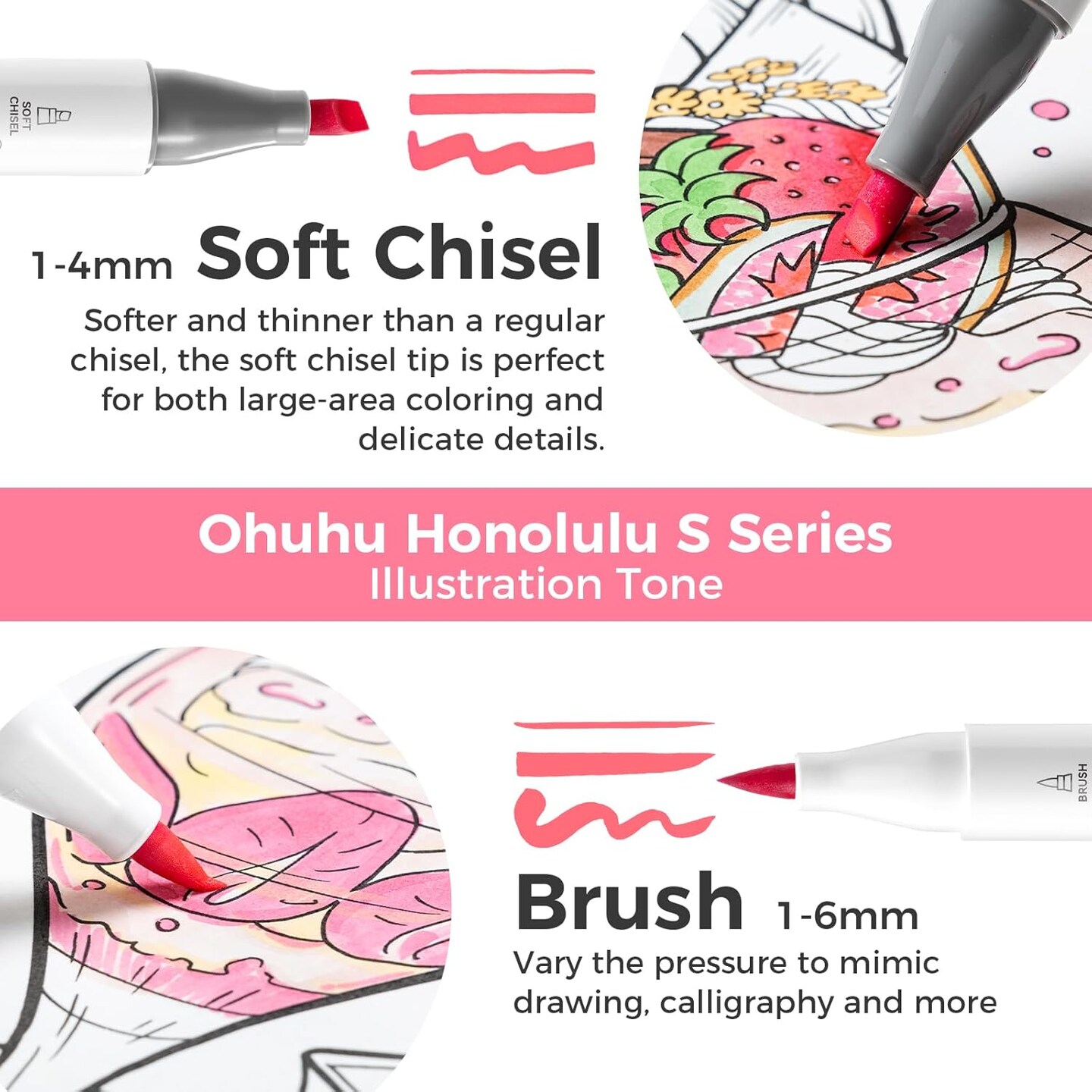 Ohuhu Alcohol Markers: Soft Chisel 60 Illustration-color Red Dot Design Award Winner Brush & Soft Chisel Dual Tips Drawing Markers for Artist Beginner Adult Coloring Illustration Sketching -Honolulu S