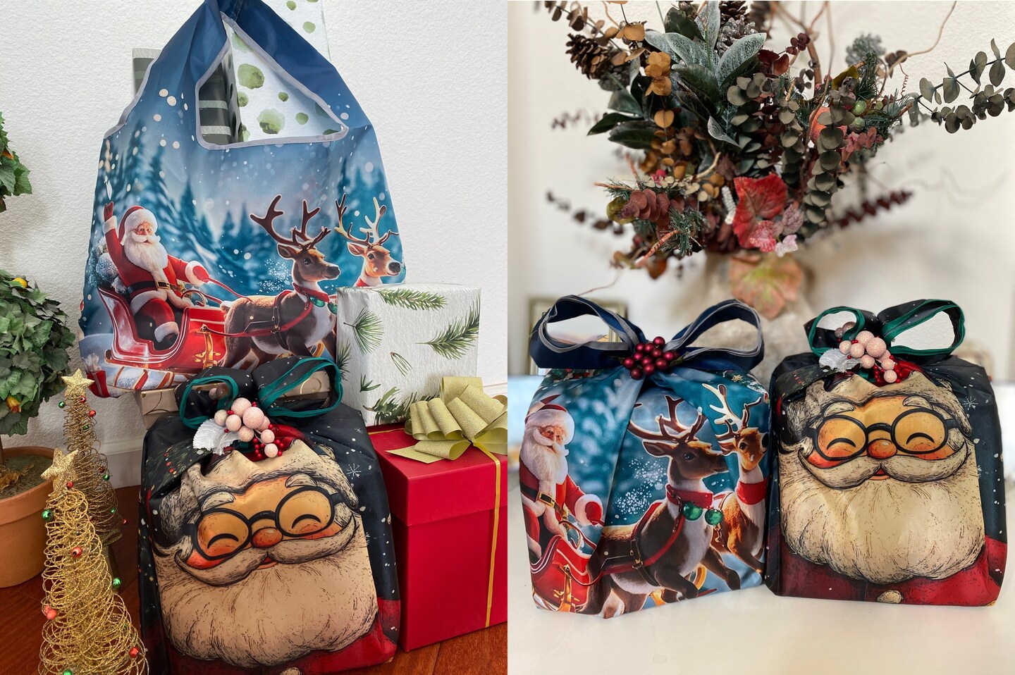 Wrapables Large Foldable Christmas Holiday Nylon Reusable Grocery Bag, Santa