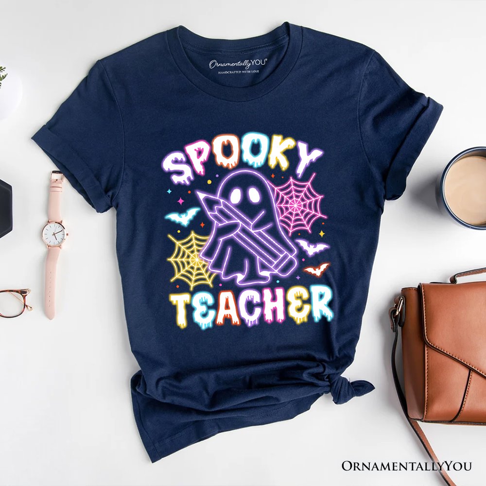 Spooky Teacher Neon Ghost T-Shirt, Retro Halloween Tee for Educators
