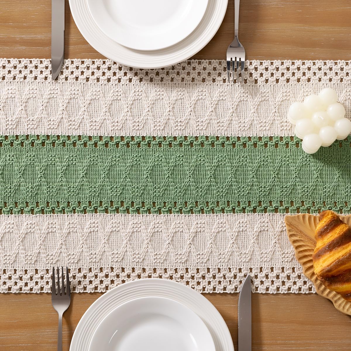 Table Runner Fall Thanksgiving Farmhouse Rustic Dining(Sage & Ivory)