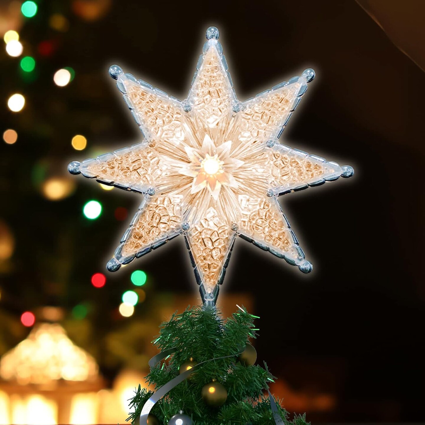 8&#x22; Lighted Double-Sided Christmas Star Tree Topper - 8 Point Star with 10 Clear Warm Lights