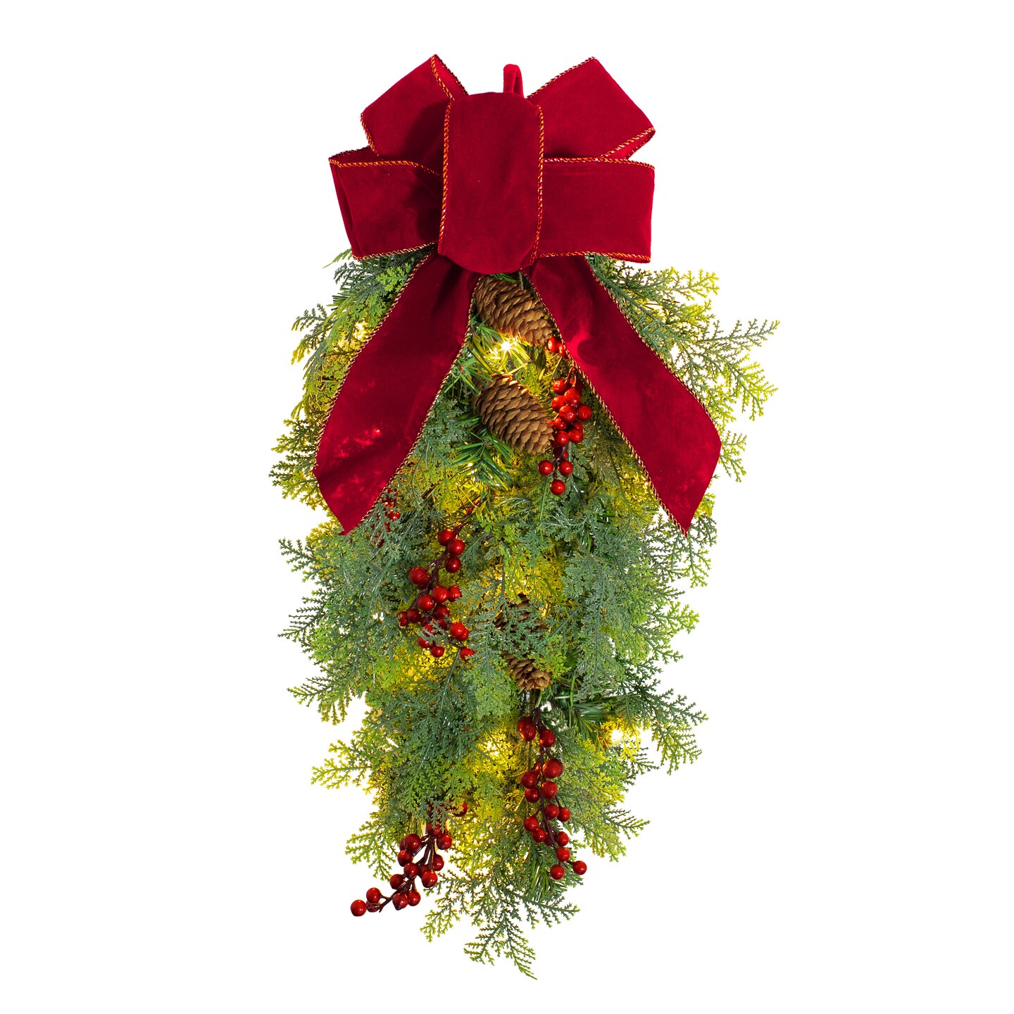 Haute Decor 20 Inch Pre-lit Classic Christmas Chairback Swag with Built-in Timer Artificial Berries, 15 Soft White Lights, and Real Pinecones