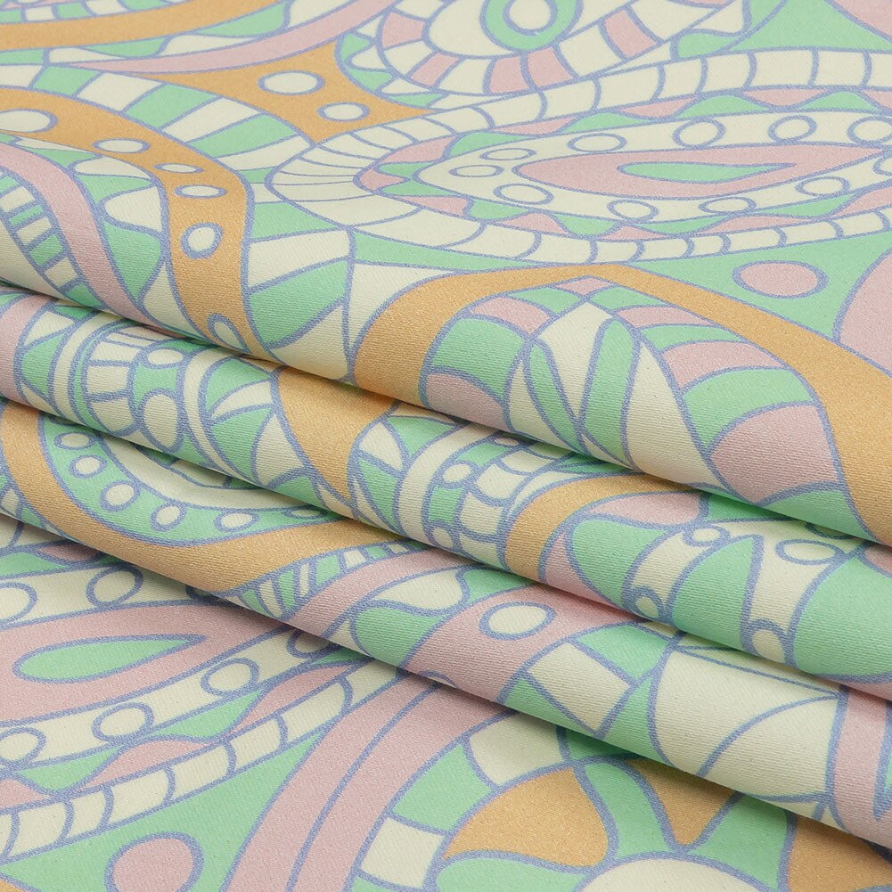 1 Yard Green and Cream Chunky Paisley Glass Carnival Print Stretch Cotton Sateen Fabric