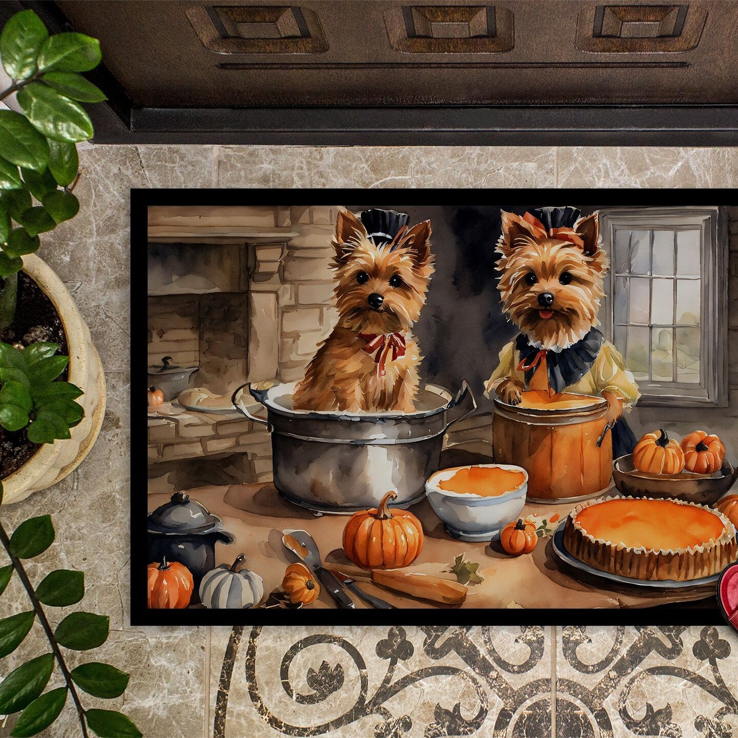 Edge Collections - 18" x 27" - Multicolor - Norwich Terrier Fall Kitchen Pumpkins Doormat Indoor Outdoor Rug Non Slip Washable - 1 Piece