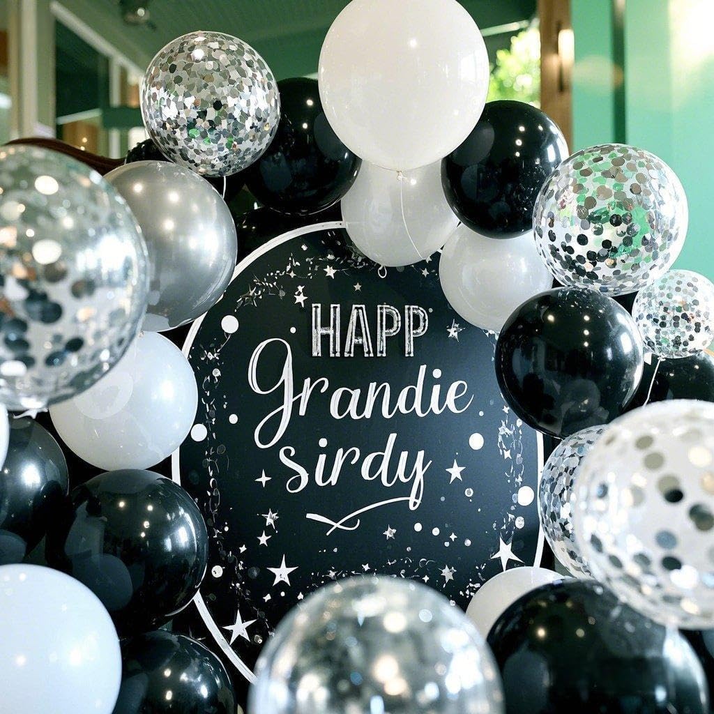 Black and Metallic Silver Balloon Set(Black White Silver)