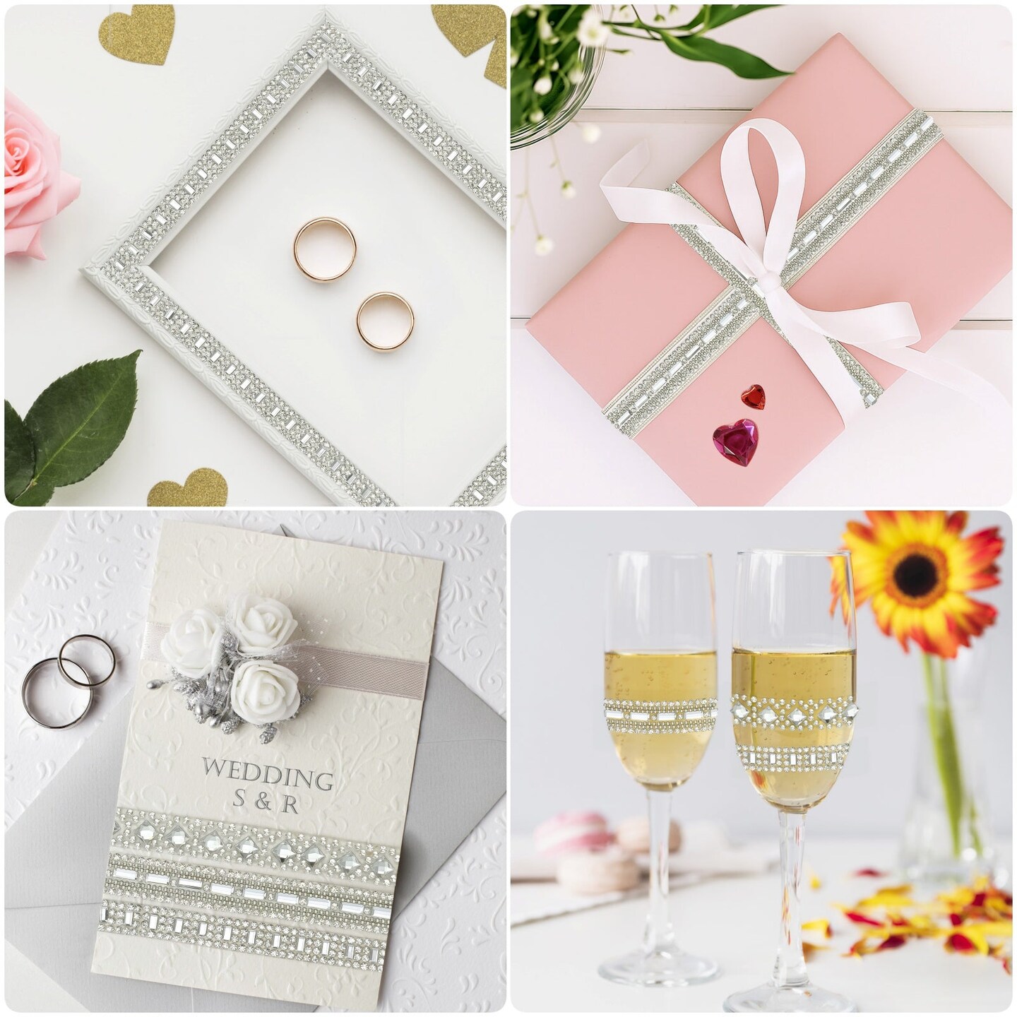 Wrapables 3 Yards Self Adhesive Crystal Rhinestone Ribbons, Diamond Bling Tape Strips Trim for DIY Crafts Wedding Party Decoration (3 Rolls), Silver