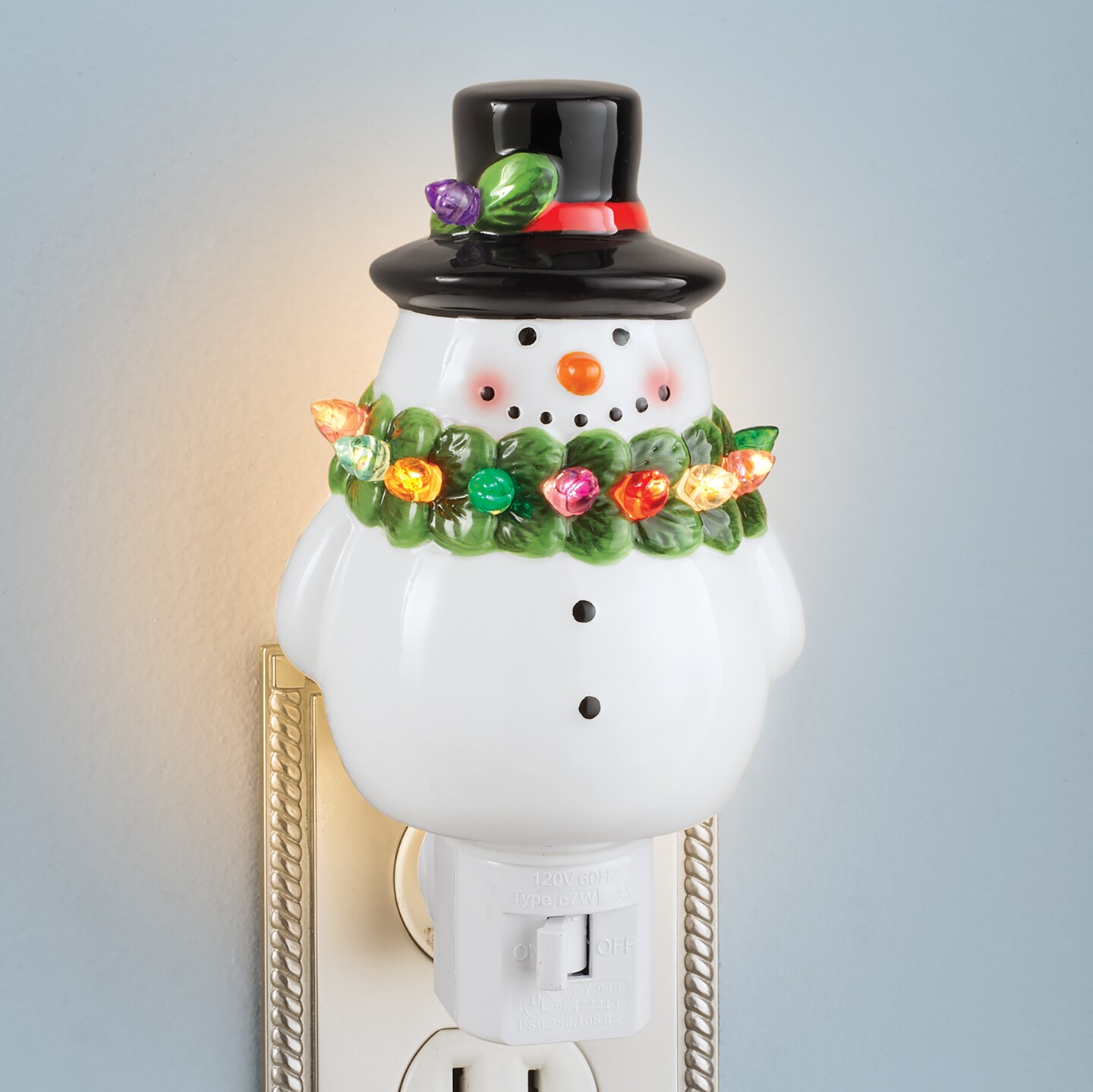 Collections Etc Festive Ceramic Snowman Holiday Plug-In Night Light