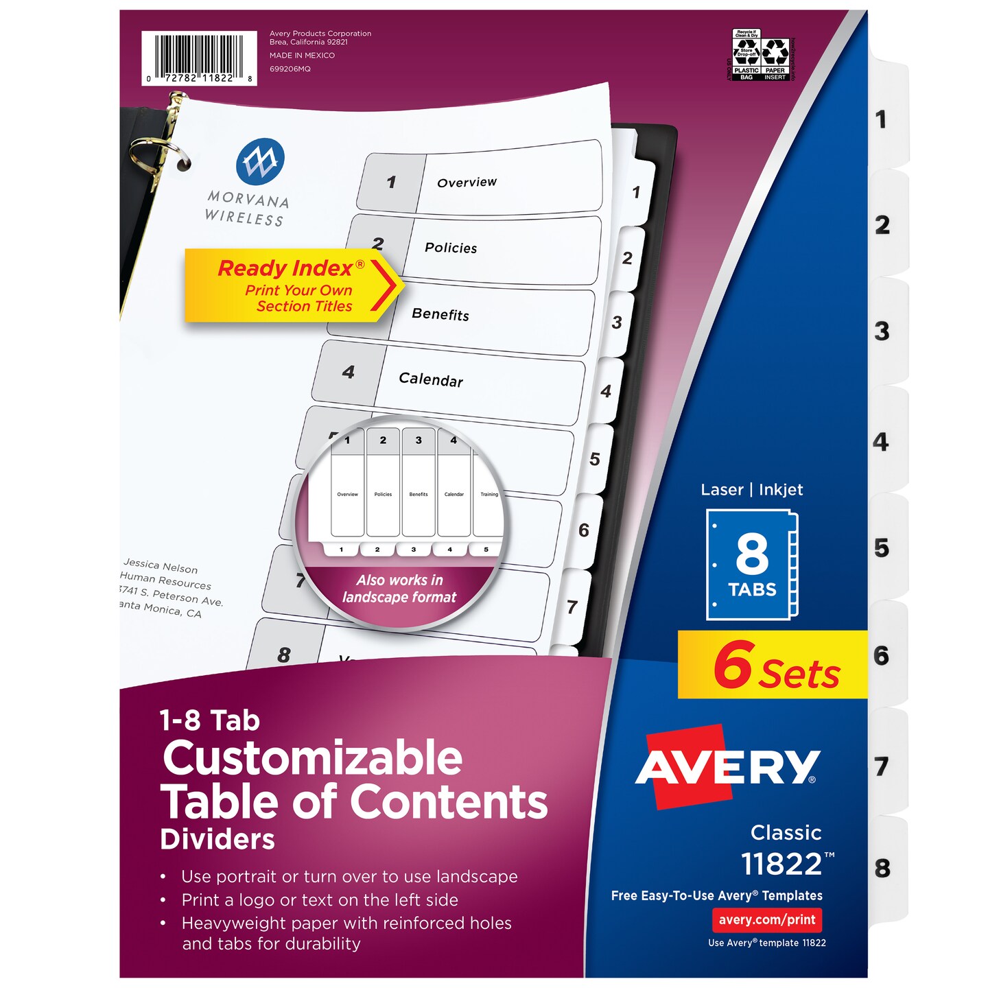 Avery Ready Index 8 Tab Binder Dividers, Customizable Table of Contents, Classic White Tabs, 6 Sets (11822)