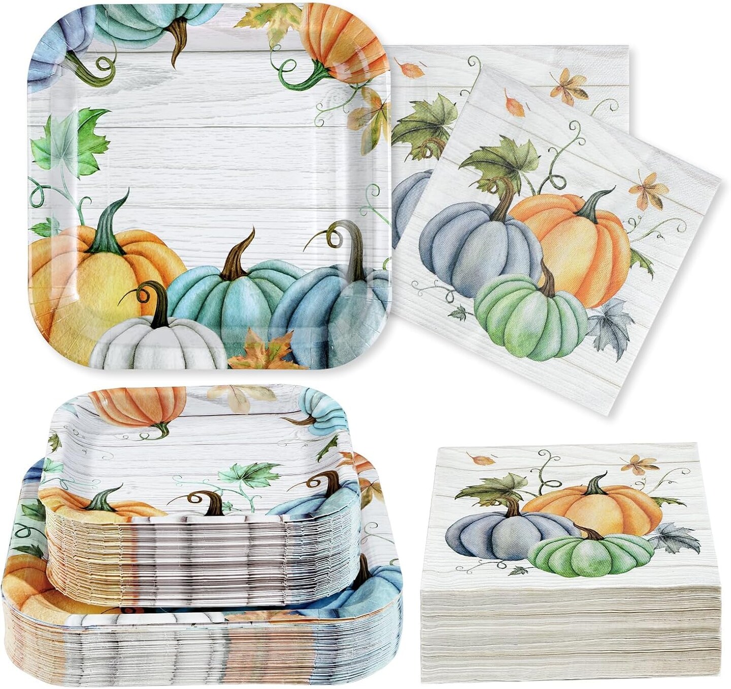 200Pcs Plates and Napkins Square Blue Pumpkins Plate Thanksgiving (White and Blue)