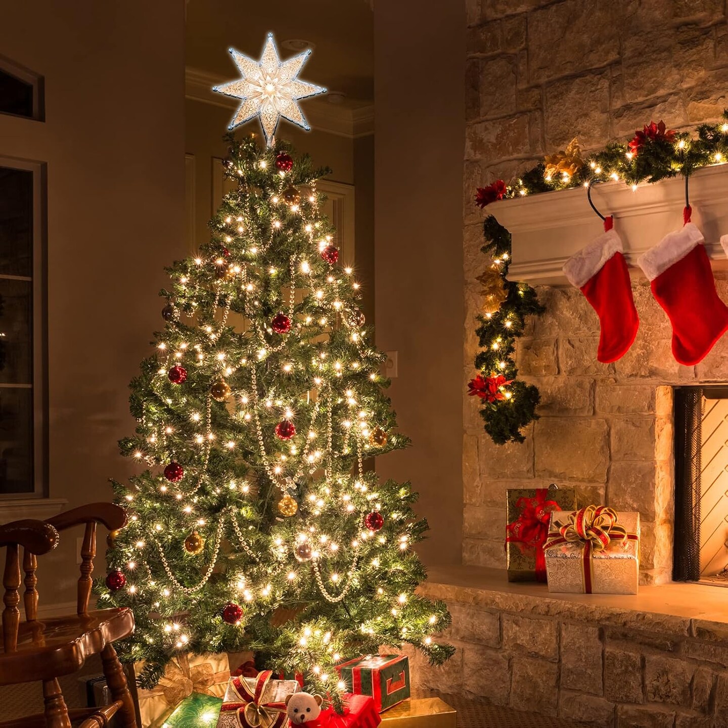 8" Lighted Double-Sided Christmas Star Tree Topper - 8 Point Star with 10 Clear Warm Lights