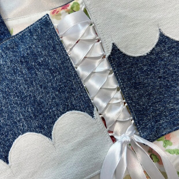Patchwork Denim Corset Top – Handmade Bustier with Lace Trim and