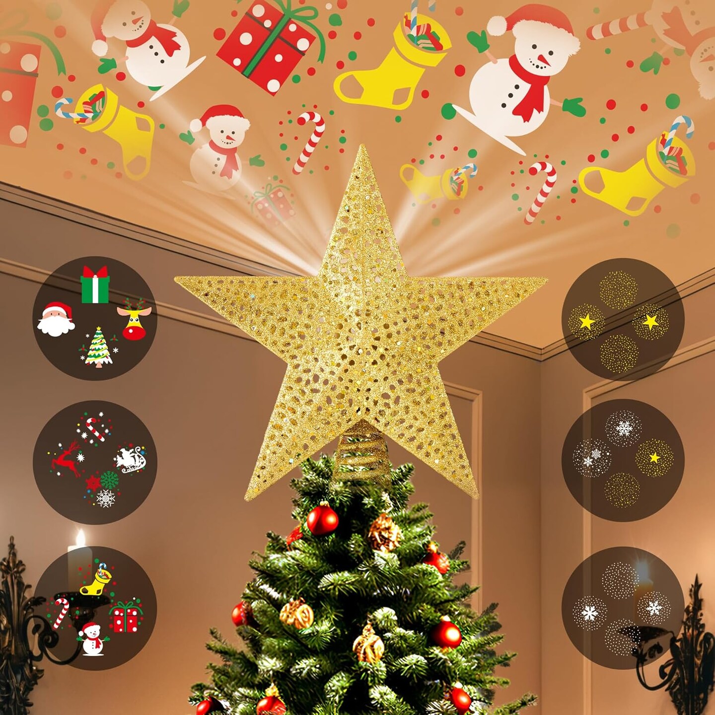 Christmas Tree Star Topper with 6 Switchable Projection Patterns (Gold/White)