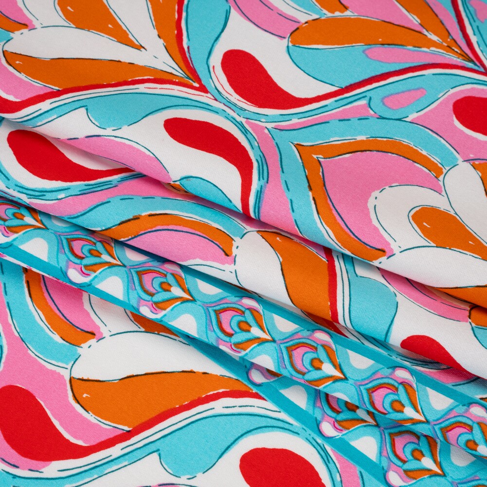 1 Panel Stretch Cotton Sateen Panel Turquoise, Pink and Orange Floral Ogees and Stripes Designer Deadstock