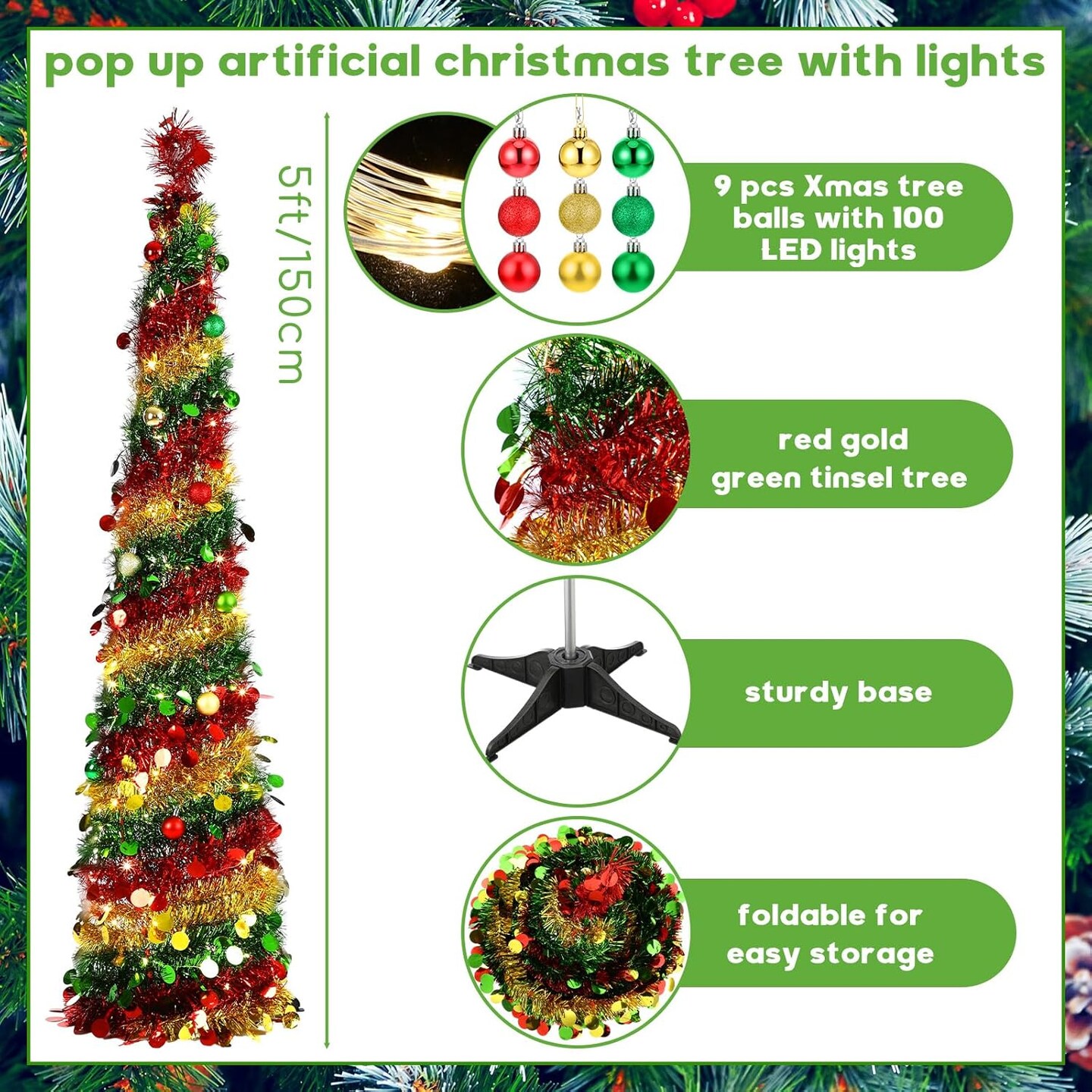 5ft Pop up Christmas Tree with Lights and Balls (Green With Red and Gold Accents)
