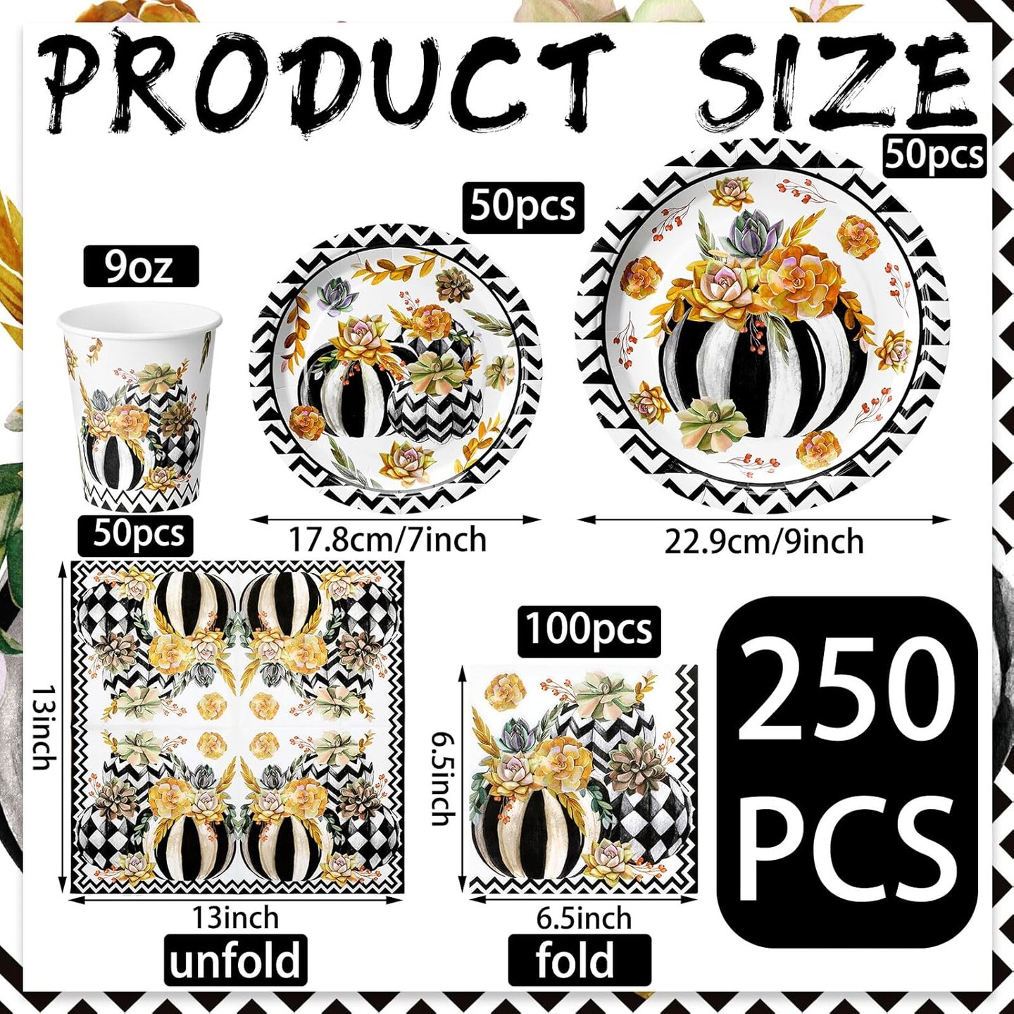 250Pcs Thanksgiving Tableware Sets - Plates, Napkins, Cups Serves 50 Guests (Black and White Pumpkin)