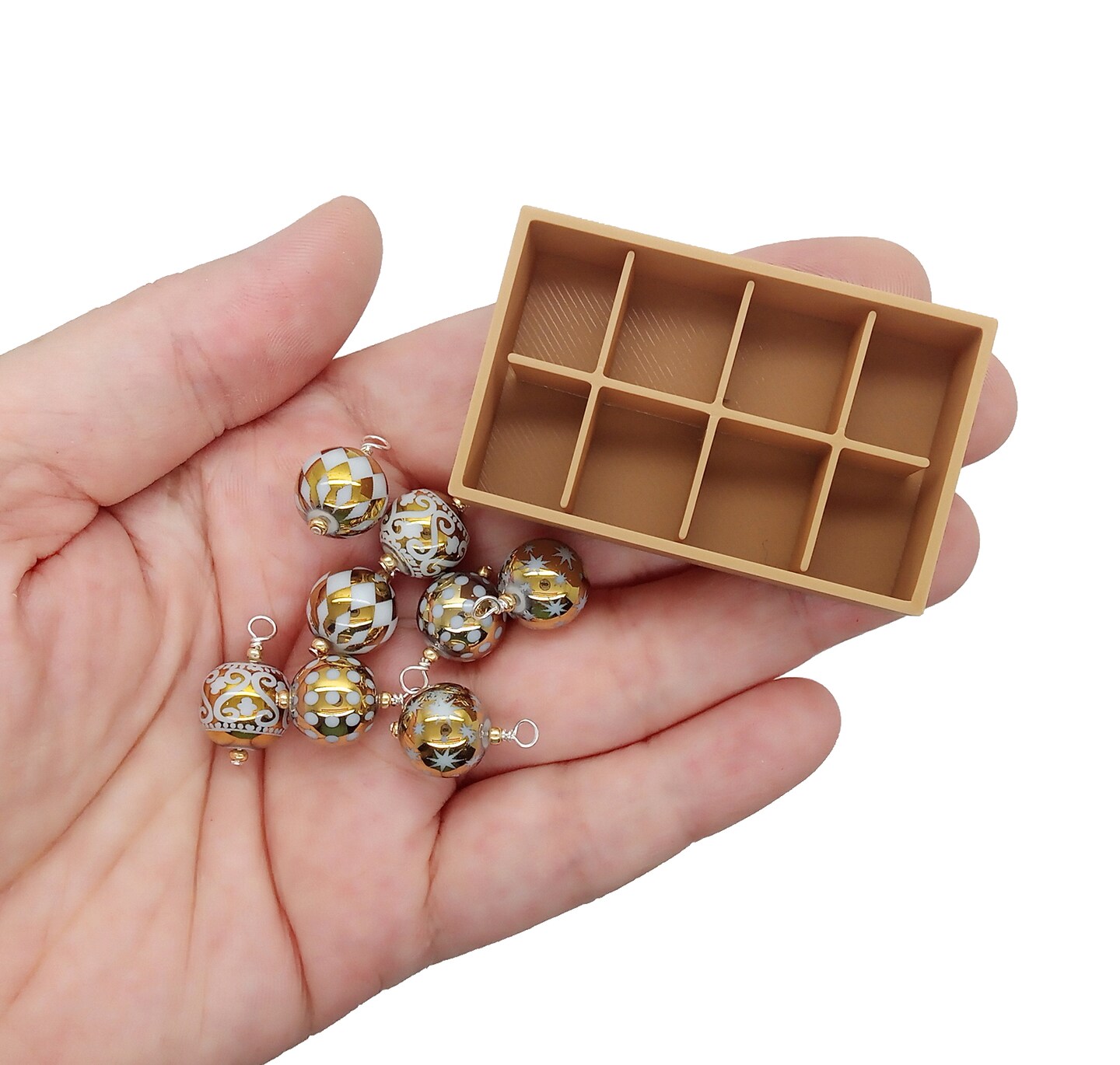 Miniature Gold Ornaments in Box, Dollhouse Christmas Baubles, Adorabilities